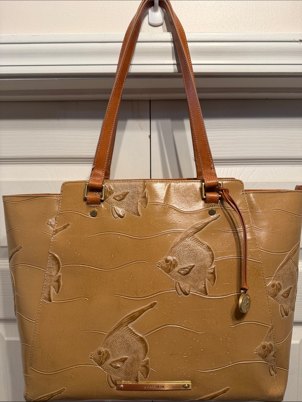 Brahmin Tan Fish-Embossed Tote with Brown Straps